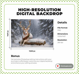 Christmas Reindeer Digital Backdrop, Snowy Fantasy Forest, Christmas Animals, Winter Wonderland Photo Background, Holiday Kids Prop