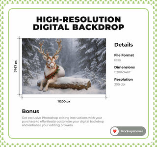 Christmas Reindeer Digital Backdrop, Snowy Fantasy Forest, Christmas Animals, Winter Wonderland Photo Background, Holiday Kids Prop