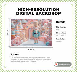 Pink Christmas Digital Backdrop, Nutcracker Photo Background, Holiday Kids Candyland Prop, Winter Wonderland, Photoshop & Canva Template