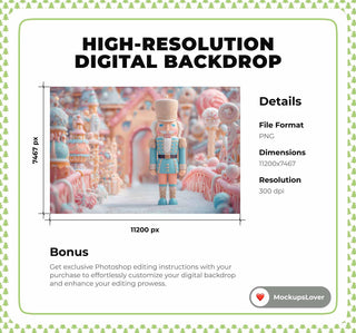Pink Christmas Digital Backdrop, Nutcracker Photo Background, Holiday Kids Candyland Prop, Winter Wonderland, Photoshop & Canva Template