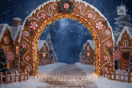 Christmas Digital Backdrop, Arch, Village, Gingerbread Cookies, Winter Photo Background, Holiday Candyland Kids Prop, Photoshop Template