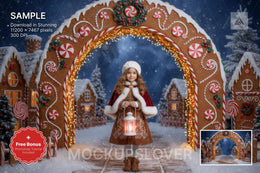 candyland village scene with gingerbread cookies and winter landscape background