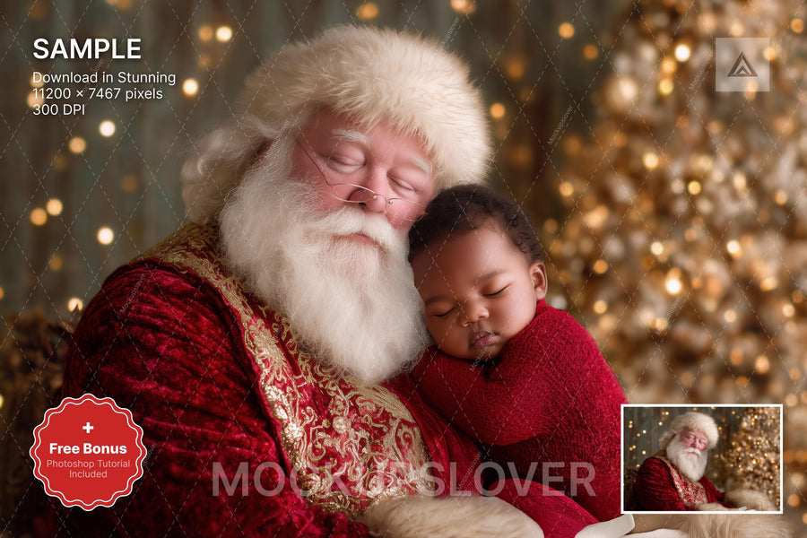 baby in santa hat with christmas backdrop, holiday newborn photo prop, digital christmas scene for newborn portraits