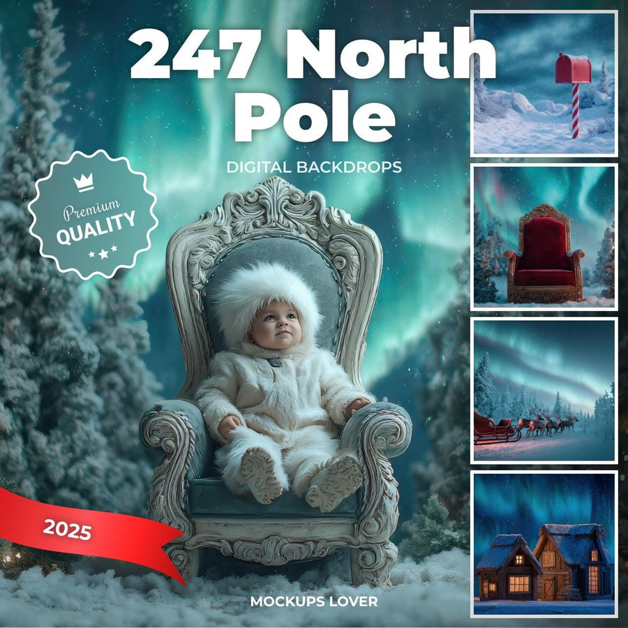 christmas north pole scene with northern lights and winter landscape, suitable for holiday photo shoots
