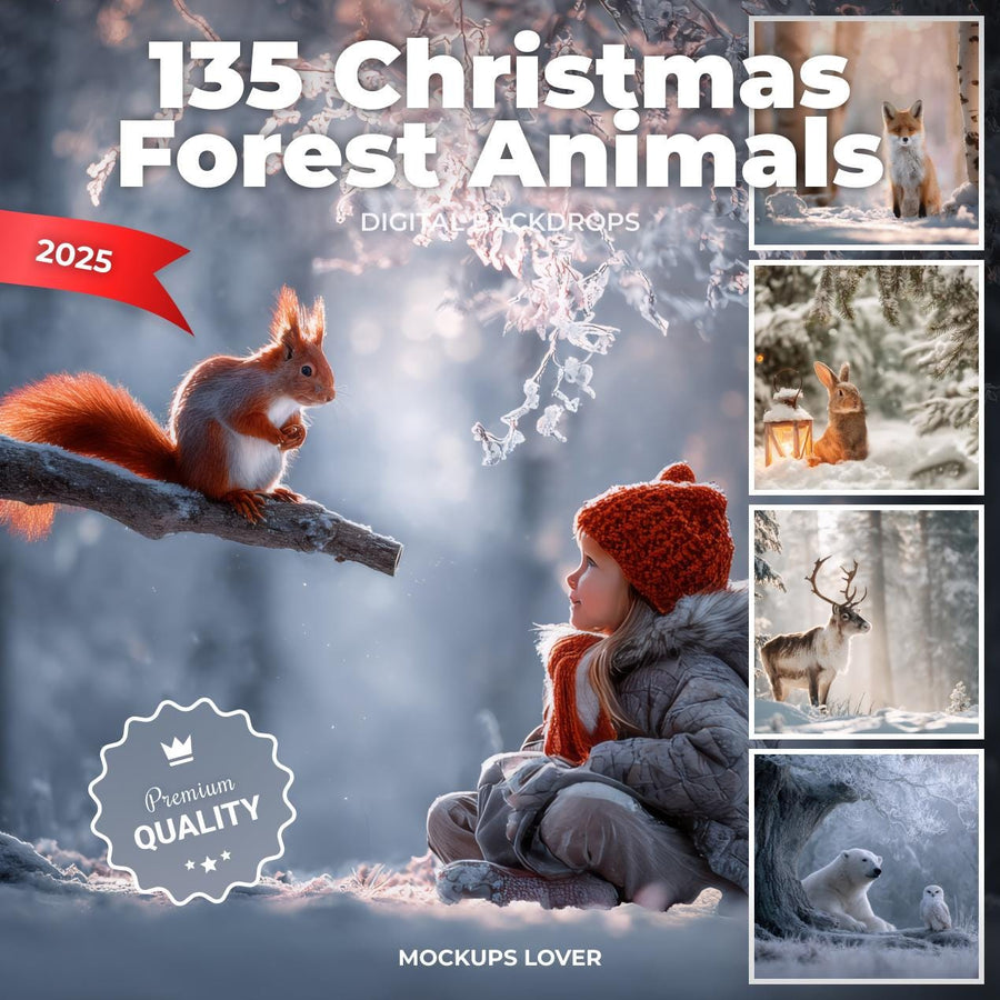 scene with winter forest animals including squirrel, fox, wolf, bear, and reindeer, as a backdrop for kids' holiday photos