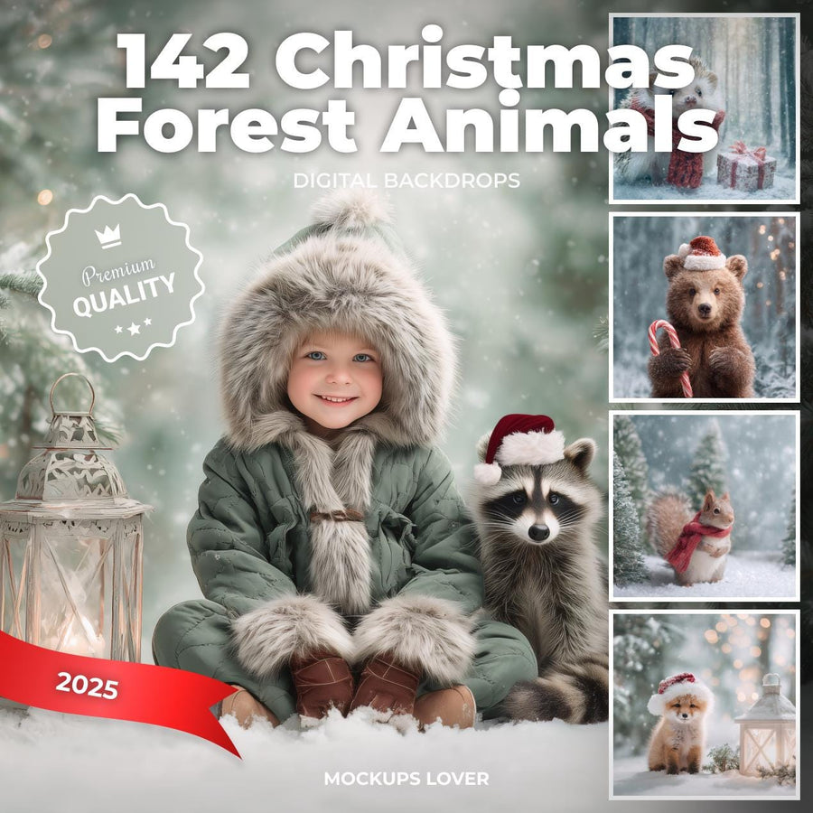 scene with woodland animals in a snowy forest, holiday background, winter landscape, christmas backdrop, festive scene