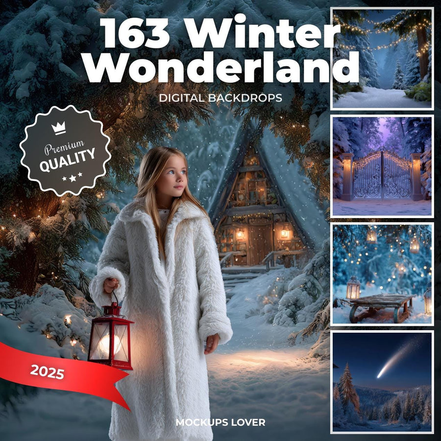 scene of a winter wonderland with trees, lanterns, and a bench, ideal for holiday photo backgrounds