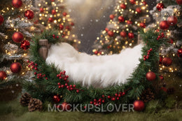 Christmas Newborn Digital Backdrop, Woodland Baby Photo Background, Holiday Baby Prop, Wood Bed, Christmas Forest Trees, Photoshop Template