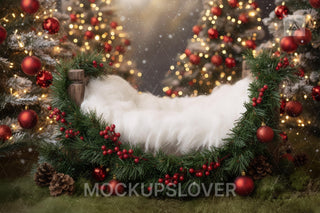 Christmas Newborn Digital Backdrop, Woodland Baby Photo Background, Holiday Baby Prop, Wood Bed, Christmas Forest Trees, Photoshop Template