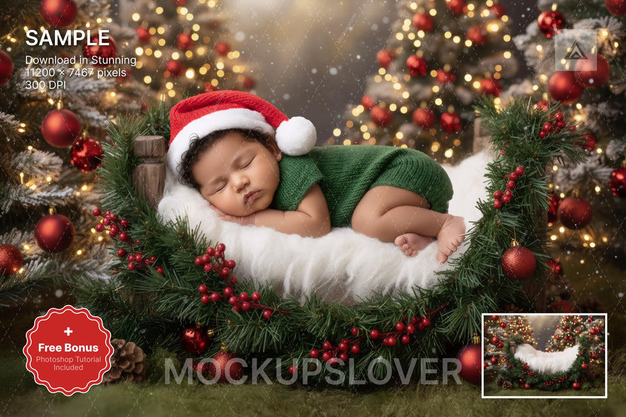 woodland baby scene with christmas trees, ideal for holiday newborn photos, featuring a cozy wood bed