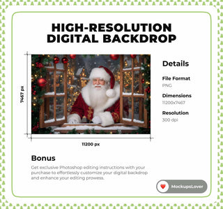Christmas Window Digital Backdrop, Santa Claus, Village, Winter Wonderland Photo Background, Holiday Kids Portrait Prop, Photoshop Template