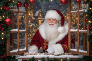 Christmas Window Digital Backdrop, Santa Claus, Village, Winter Wonderland Photo Background, Holiday Kids Portrait Prop, Photoshop Template