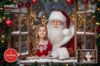 christmas window backdrop with santa claus and village scene for holiday portraits