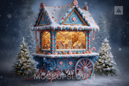 Christmas Digital Backdrop, Candyland Props, Farm Cart, Winter Wonderland Photo Background, Holiday Kids Prop, Photoshop & Canva Template