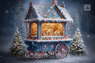 Christmas Digital Backdrop, Candyland Props, Farm Cart, Winter Wonderland Photo Background, Holiday Kids Prop, Photoshop & Canva Template