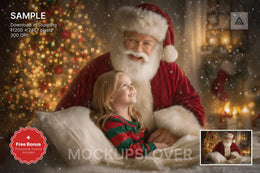 santa claus at cozy christmas house with digital backdrop for holiday photo editing