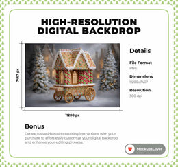 Christmas Digital Backdrop, Gingerbread House, Winter Wonderland Photo Background, Holiday Kids Prop, Farm Cart, Photoshop & Canva Template