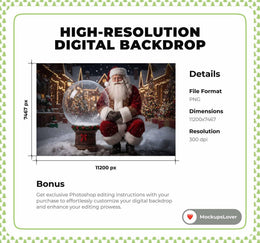 Christmas Digital Backdrop, Glass Globe, Santa Claus, Winter Wonderland Photo Background, Holiday Kids Prop, Photoshop & Canva Template