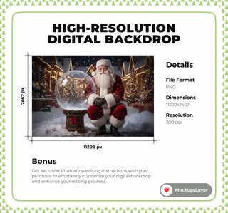 Christmas Digital Backdrop, Glass Globe, Santa Claus, Winter Wonderland Photo Background, Holiday Kids Prop, Photoshop & Canva Template