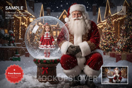 santa claus in a glass globe with christmas village winter wonderland, holiday kids digital backdrop