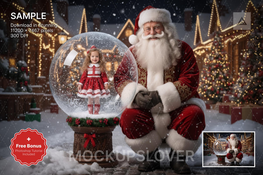 santa claus in a glass globe with christmas village winter wonderland, holiday kids digital backdrop