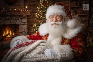 Christmas Digital Backdrop, Santa Claus, Cozy Farmhouse Christmas Photo Background, Holiday Kids Prop, Photoshop & Canva Template