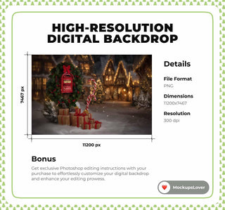 Christmas Digital Backdrop, Red Mailbox, Letter To Santa, Village, Winter Wonderland Photo Background, Holiday Kids Prop, Photoshop Template