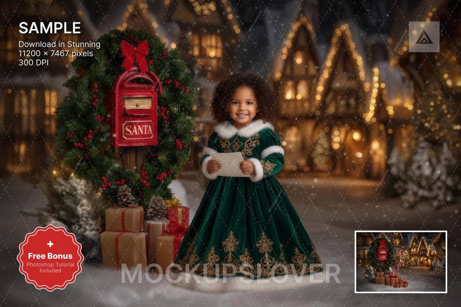 christmas digital backdrop with red mailbox and village scene for holiday photos
