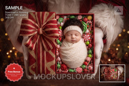 newborn baby in christmas scene with santa claus backdrop, holiday photo prop, photoshop template
