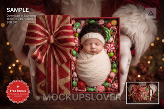 newborn baby in christmas scene with santa claus backdrop, holiday photo prop, photoshop template