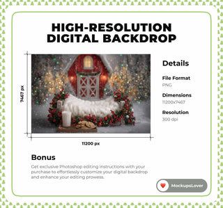 Farm Christmas Newborn Digital Backdrop, Rustic Photo Background, Red Barn, Winter Wonderland, Holiday Baby Prop, Photoshop & Canva Template
