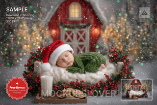 baby in front of rustic red barn winter scene, perfect for holiday photos