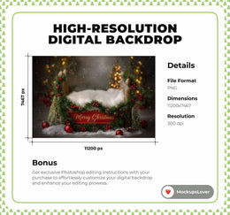 Merry Christmas Newborn Digital Backdrop, Wooden Bed, Woodland Baby Photo Background, Holiday Prop, Photoshop/Canva Template, Photo Editing
