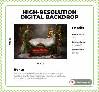 Merry Christmas Newborn Digital Backdrop, Wooden Bed, Woodland Baby Photo Background, Holiday Prop, Photoshop/Canva Template, Photo Editing