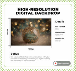First Christmas Baby Digital Backdrop, Gold Christmas Ball Photo Background, Holiday Newborn Prop, Photoshop/Canva Template, Photo Editing