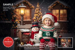 christmas teddy bear scene with winter landscape background and festive props