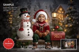 snowman, christmas village scene with wooden bench, holiday props, perfect for festive photo shoots
