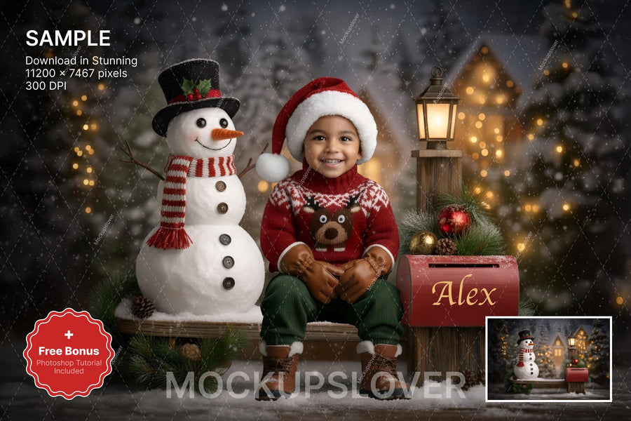 snowman, christmas village scene with wooden bench, holiday props, perfect for festive photo shoots