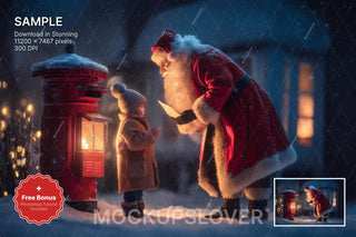 red mailbox for a letter to santa with christmas backdrop for photoshop or canva template