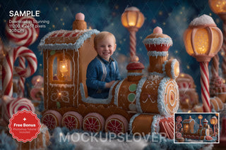 christmas gingerbread train in winter wonderland with candyland props and snow, perfect for holiday photo backdrops