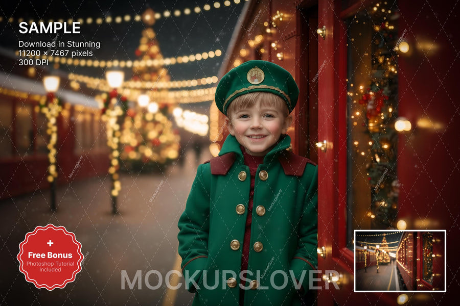 scene of a train in winter wonderland with snow and festive decorations