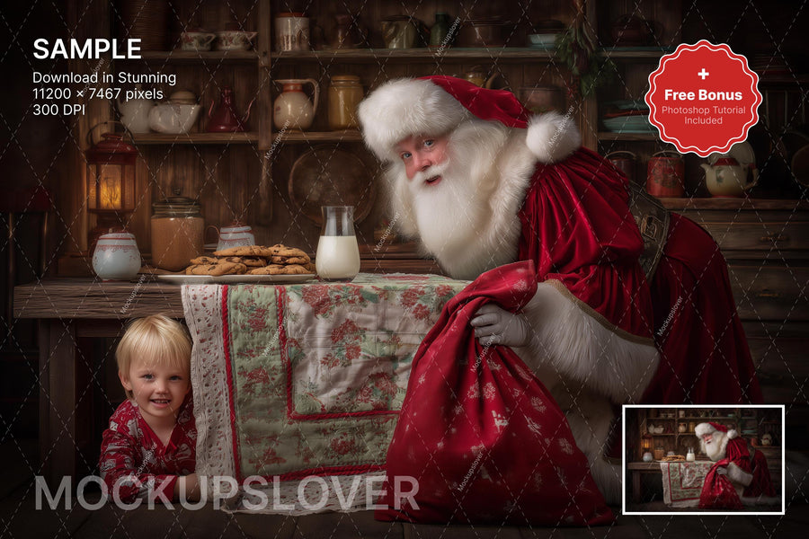 santa claus in a christmas kitchen backdrop, perfect for holiday photo shoots with kids and pets