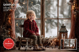 christmas window scene in wooden cabin with festive decor and snow, perfect for holiday photo edits