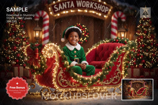 santa's sleigh in a snowy north pole scene, ideal for holiday photo backgrounds