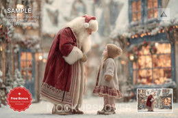 santa claus in a festive christmas village street with snow, ideal for winter wonderland photos and digital backdrops