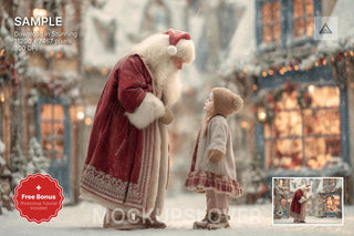 santa claus in a festive christmas village street with snow, ideal for winter wonderland photos and digital backdrops