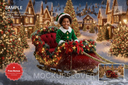 santa's sleigh and christmas village scene, ideal for holiday photography backdrop