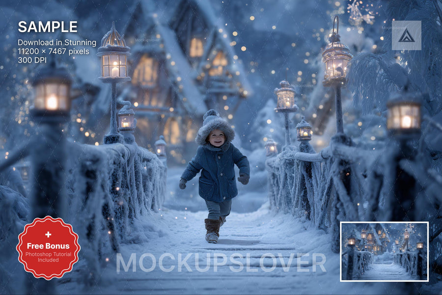 christmas village scene with snowy houses and trees, ideal for holiday photo props