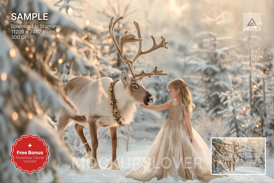 reindeer in a snowy forest scene with christmas trees and holiday atmosphere