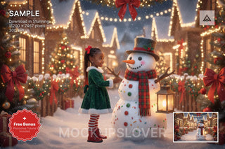 christmas snowman scene with winter landscape background and festive props